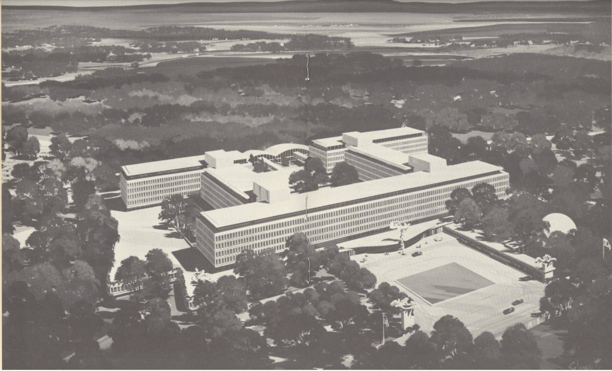 An artist's rendering of the CIA Original Headquarters Building (OHB) at Langley, Virginia.