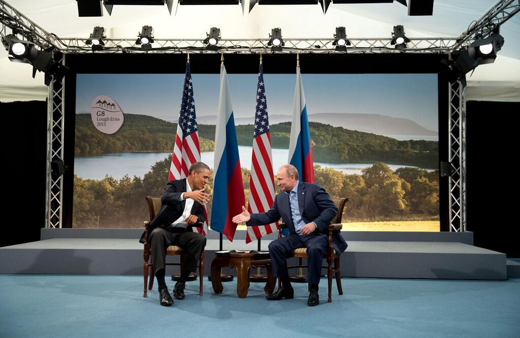 President Barack Obama of the United States and President Vladimir Putin of Russia prepare to shake hands for the cameras following statements to the press at the 39th G8 Summit at Lough Erne, County Fermanagh in Ireland on 17 June 2013.