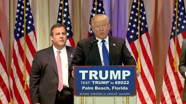 Donald J. Trump and Chris Christie at Trump's Super Tuesday speech in Palm Beach, Florida, March 1st, 2016